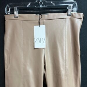 ZARA Faux Leather Leggings Pants Beige Nude High Rise Side Zip Women Size L New